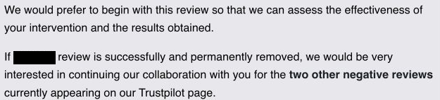 Excerpt of the customer’s message, in English, saying they would prefer to begin with one review to assess the results, and would consider the two other negative reviews if it is removed permanently.